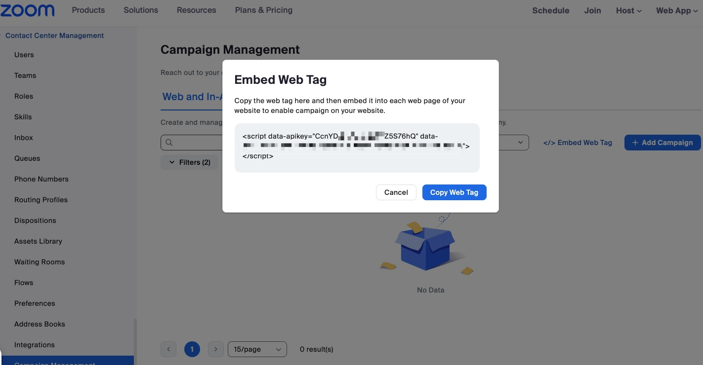 Screen display showing the Embed Web Tag screen.